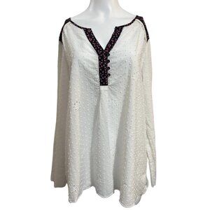 Matilda Jane XL Top Blouse White Cotton Eyelets Blue Floral Trim Long Sleeve